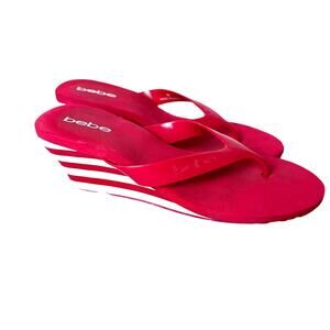Vintage‎ women's bebe Flip Flop Wedge Sandal 2in Heel Red White Stripes M 9-11
